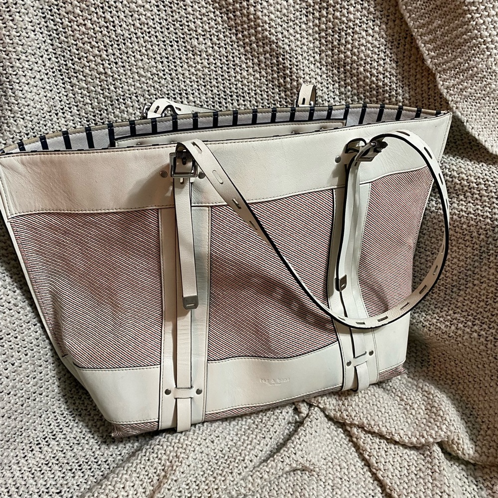 Rag & Bone Cow Leather/Striped Canvas Adjustable Straps‎ Field Tote Bag